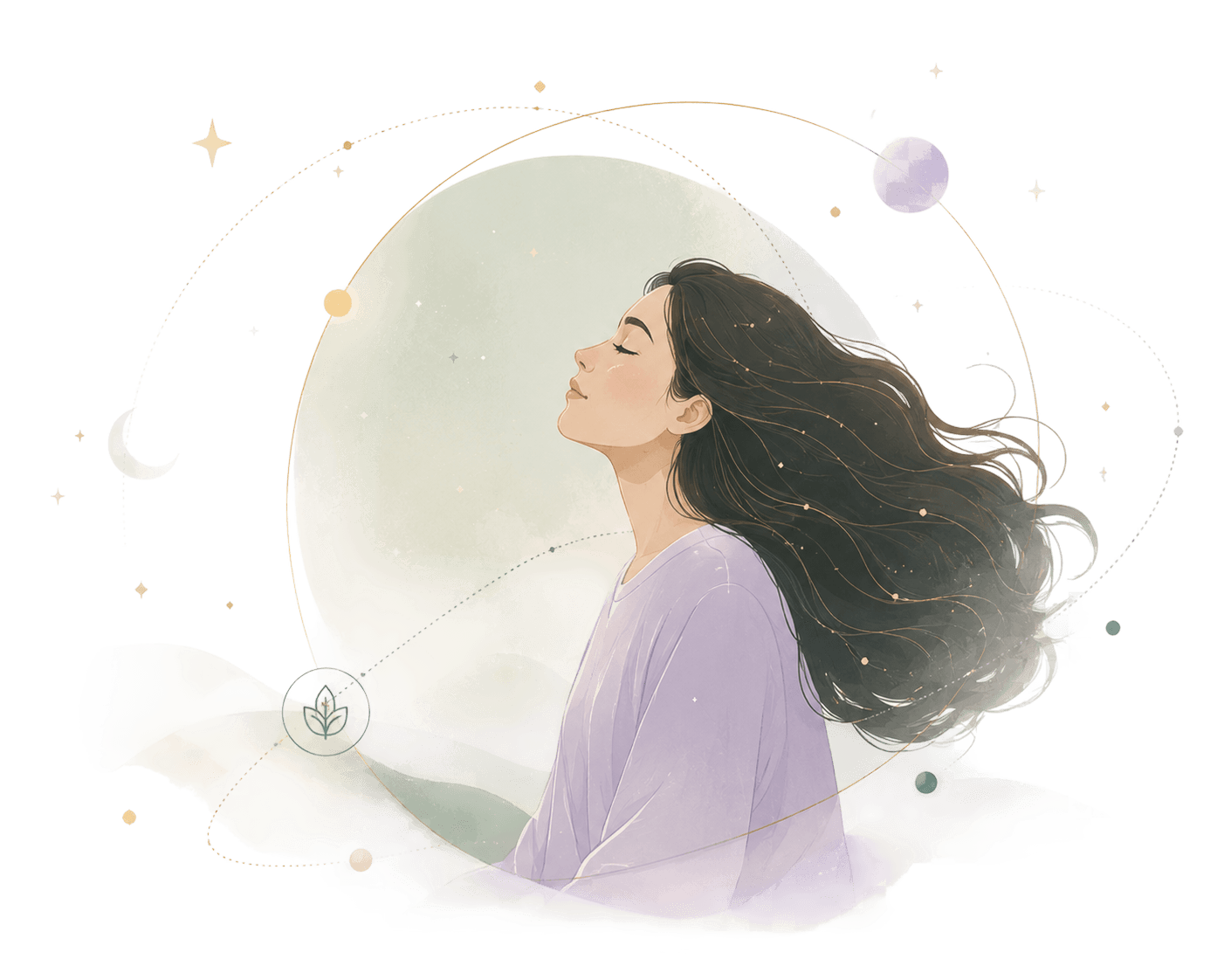 Illustration of a woman looking upward, with a moon, stars, and flowing hair
